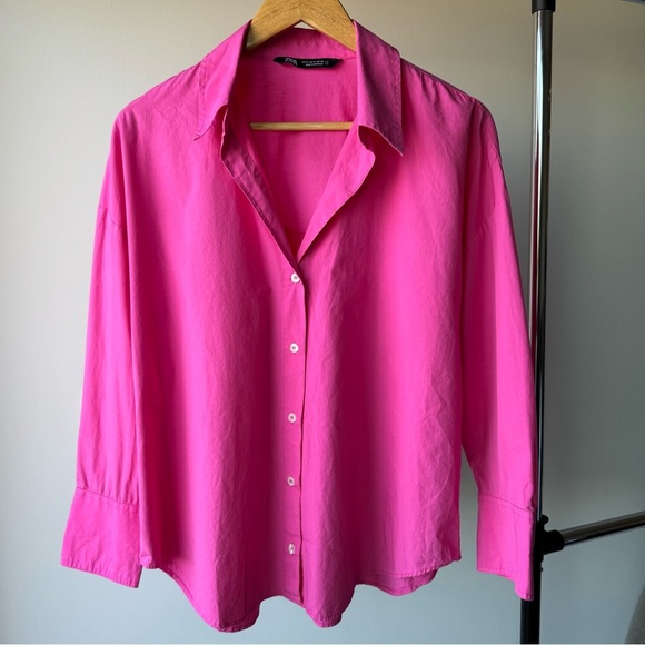 ZARA Pink Cotton Oversized Button Up Shirt Top Size Medium - Picture 1 of 6